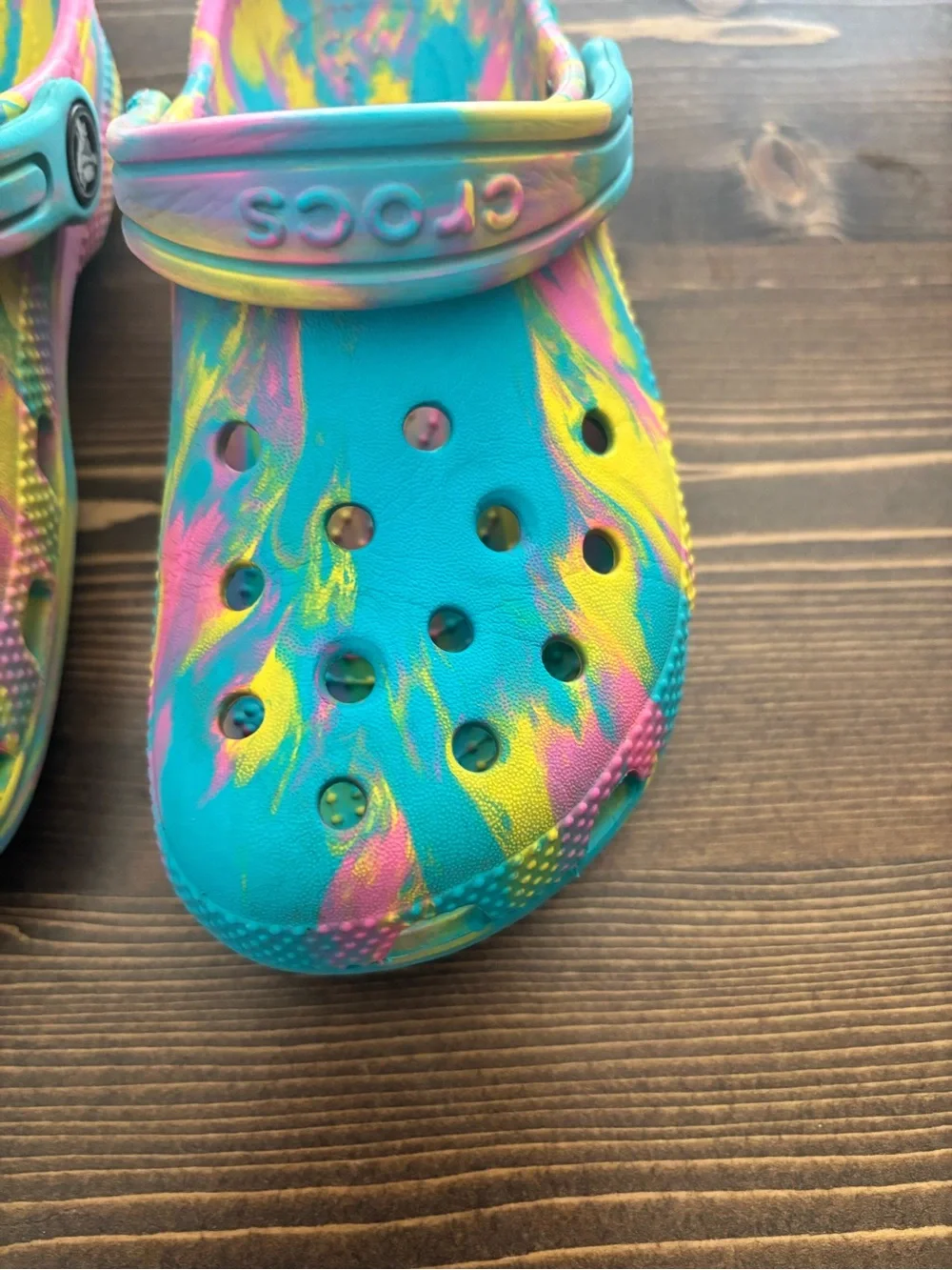 CROCS Kids Teal Water Clogs with Pink and Yellow Swirl
